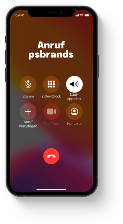 Bild für den Bereich Kontakt. Auf einem Mobiltelefon wird ein aktiver Anruf bei psbrands gezeigt.